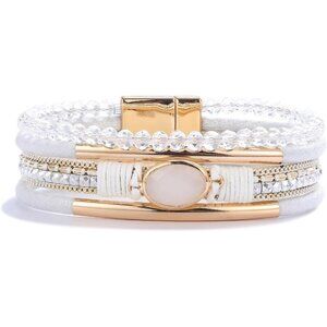 Leather Wrap Bracelet Crystal Beads Boho Cuff Gemstone Jewelry for Women